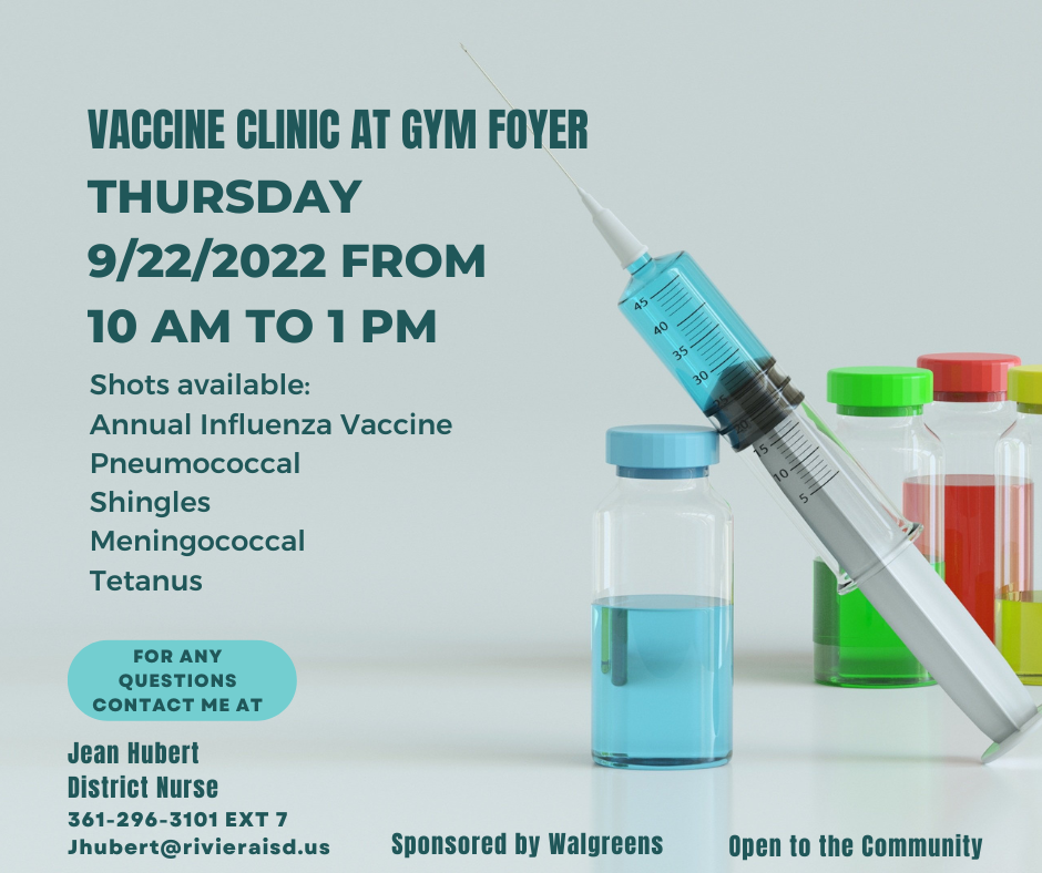 Vaccine clinic at Gym Foyer on Thursday 9/22/2022 from 10am - 1pm