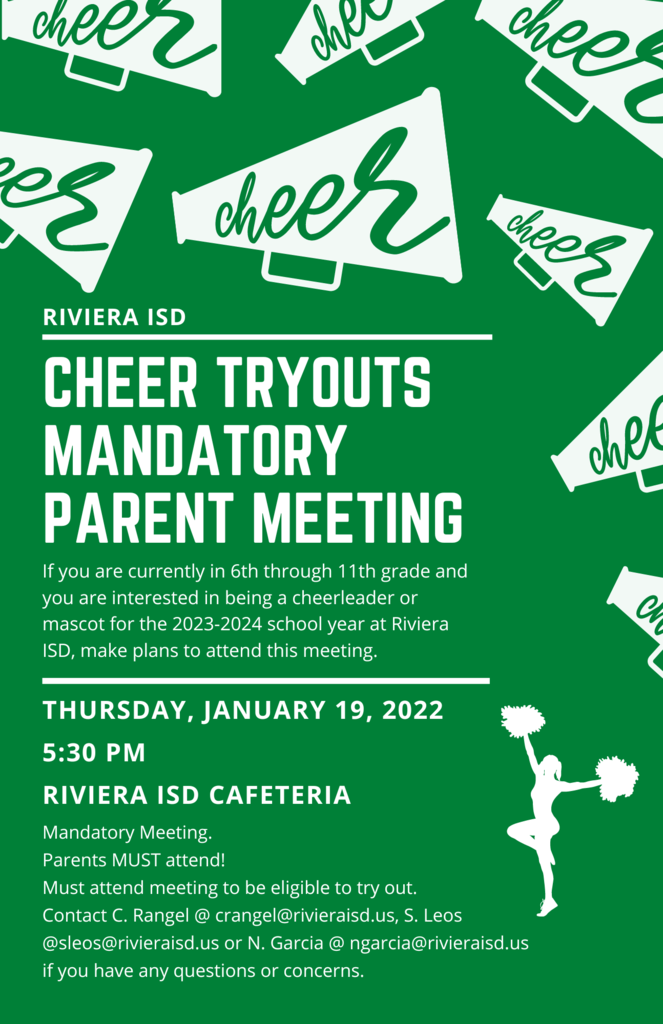 MANDATORY CHEER MEETING for 2023-2024  Calling all students interested in being a cheerleader or the mascot, grades 6th through 11th!  Join us in the Riviera Cafeteria next TODAY, January 19th, 2023.   Can’t wait to see you there!