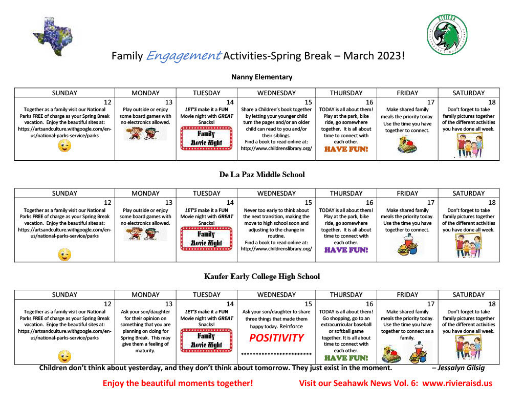 Family Engagement Activities which families can utilize during Spring Break, March 2023