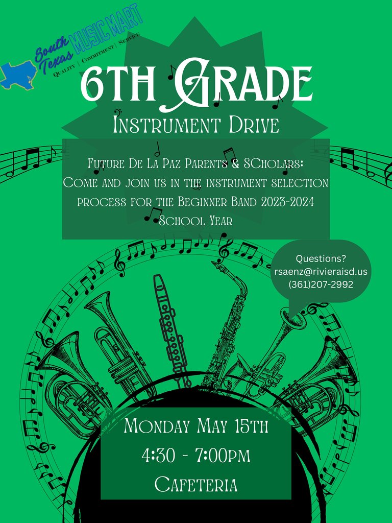Parents/Guardians of incoming 6th grade students: Please plan to attend our band instrument drive to be held in the cafeteria this Monday. Parent AND student attendance is required to pick an instrument for next year’s band class. Instrument choices are first come, first serve and will be made with consideration from parents and band directors. See you all there!